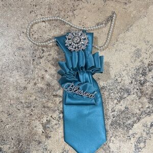 Joseph & Feiss Teal Silk Statement Necklace with Pearl Chain and Crystal Brooch
